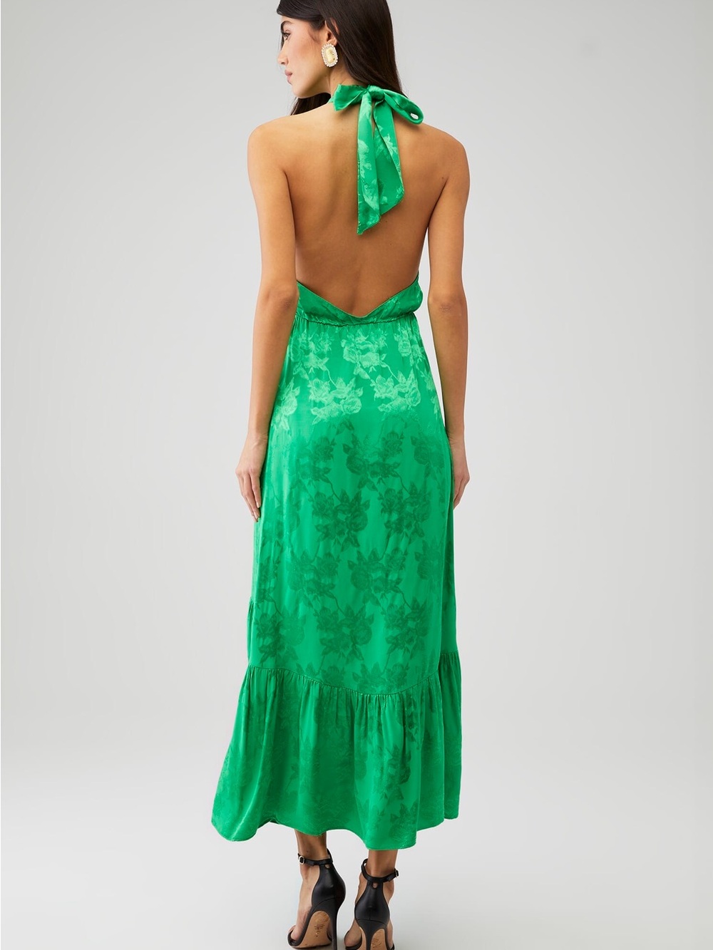 Saylor Audie Floral Green Halter Maxi Dress Elegant Holidays Wedding Side slit - Picture 3 of 6